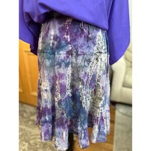 Boho Tie Dye Midi Skirt Purple Blue Ruffle Hem Lightweight Elastic Waist